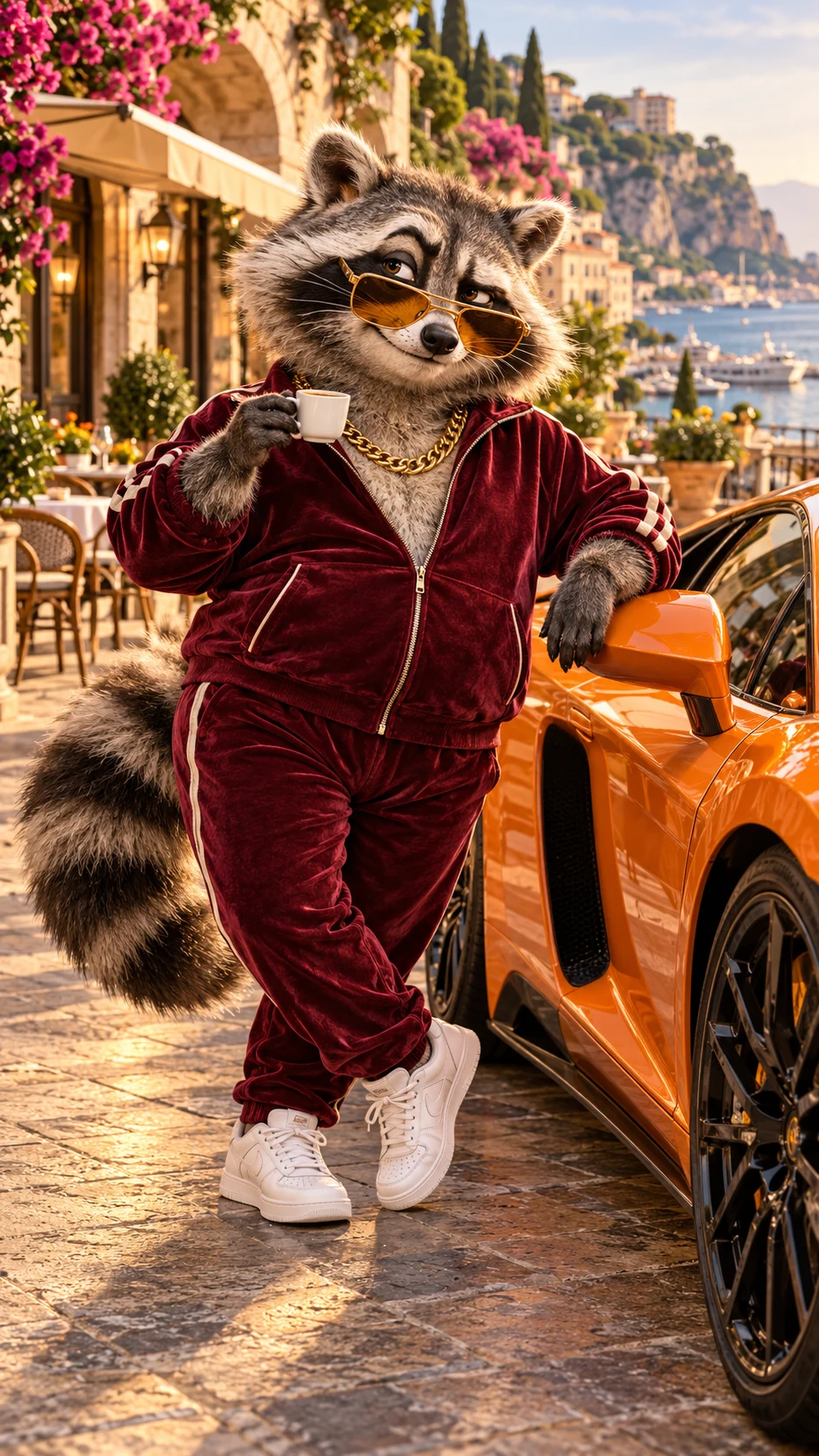 Rico wearing a burgundy tracksuit and gold sunglasses, holding espresso beside an orange sports car